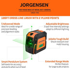 JORGENSEN Laser Level with Tripod & 2 Plumb Dots, 100 FT Self Leveling Point Cross Line Laser Leveler Tool, Wide Angle Green Laser Level for Picture Hanging, Indoor Project, Construction, Carry Bag