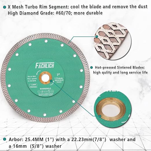 Diamond Porcelain Saw Blade,2pcs 7"/175MM Super Thin Dry Wet Cutting Disc with X Teeth Turbo Mesh Rim,for Ceramic Tile Porcelain Granite Marbles