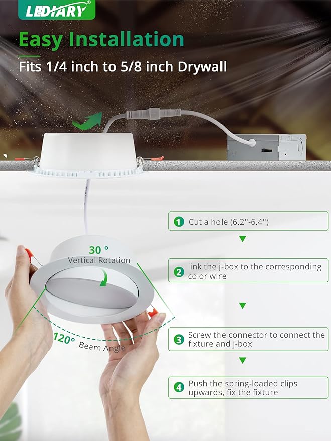 LEDIARY 6 Pack Gimbal LED Recessed Lighting 6 Inch, 5CCT Adjustable Recessed Light Slim Selectable 2700K-6000K,750LM Air Tight Canlights with Jbox,Canless Downlight Ceiling Light with IC Rated ETL