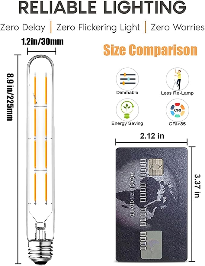 Dimmable 8W T10 LED Bulbs Warm White 2700K E26 8.9inch Long Tubular Light Bulb 75 Watt Vintage Edison LED Filament Bulb 800lm E26 Base Tube Bulb,Pack of 4