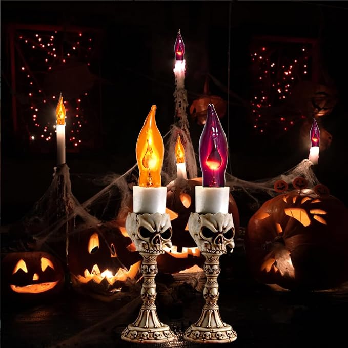 12 Pack Halloween Lights, C7 Clear Orange and Purple Flickering Flame Replacement Bulbs for String Lights Outdoor, E12 Base, Flame Bulbs for Halloween Indoor Outdoor Garden Patio Party Decorations