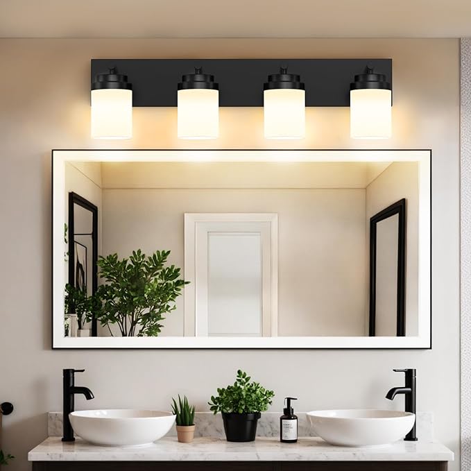 IZORRO Bathroom Vanity Light Fixture, 4-Light 27.5 Inch Matte Black Bathroom Light Fixtures Over Mirror, with White Glass Shade, Modern Farmhouse Vanity Lights, Rustic Restroom Lighting Fixtures