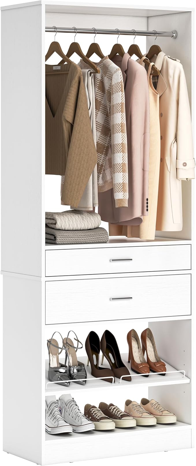 Unikito 25” W x 80'' H Closet Organizer Storage with Hanging Rod and 2 Wooden Drawer, Adjustable Angled Shoes Rack, Sturdy Garment Racks, Walk-in Closet Tower for Bedroom, Mudroom, and Entryway, White