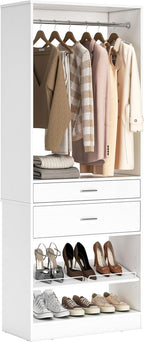 Unikito 25” W x 80'' H Closet Organizer Storage with Hanging Rod and 2 Wooden Drawer, Adjustable Angled Shoes Rack, Sturdy Garment Racks, Walk-in Closet Tower for Bedroom, Mudroom, and Entryway, White