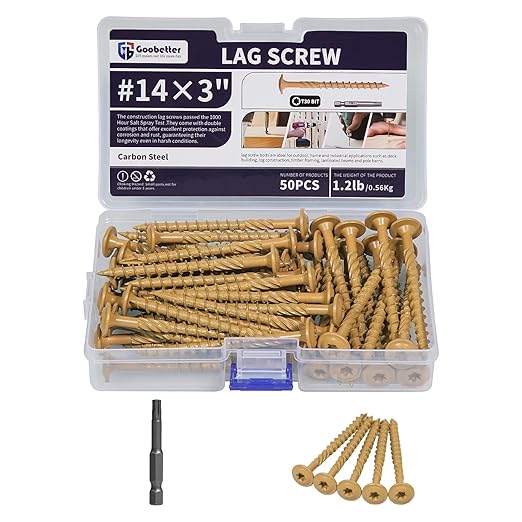 Lag Screws 3 Inch, 50PCS Heavy Duty Construction Screw, Structural Wood Screw #14 x 3, Rust Resistant, Washer Head, Yellow Coated Exterior Wood/Lag Screws, Star Drive with Bit