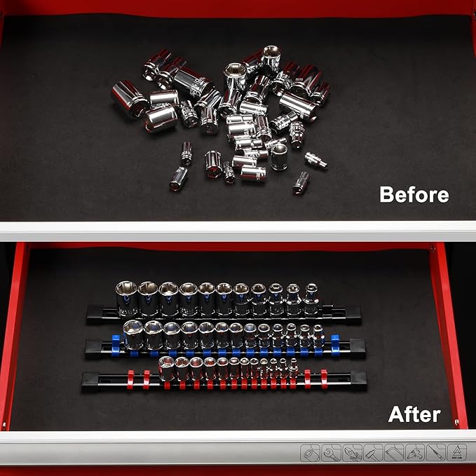 Mayouko 12PCS ABS Socket Organizer, Portable Socket Rail Holder for Toolbox, 1/4 Inch x 48 Clips, 3/8 Inch x 90, 1/2 Inch x 36
