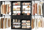 [10 FT Closet System] Reversible Set of 2 Wood Closet Organizer System with 2 Drawers, 4 Hanging Rods Adjustable Shelf, Walk In Closet Organizers with Shoe Rack, Garment Rack Clothes Rack, Black