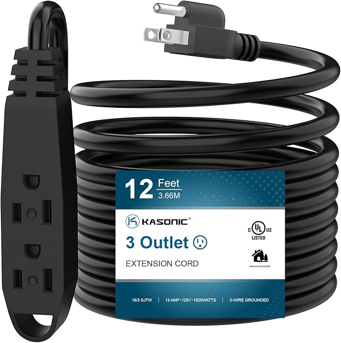 K KASONIC - 12-Feet 3 Outlet Extension Cord, UL Listed, 16/3 SJTW 3-Wire Grounded, 13 Amp 125 V 1625 Watts, Multi-Outlet Indoor/Outdoor Use, Black