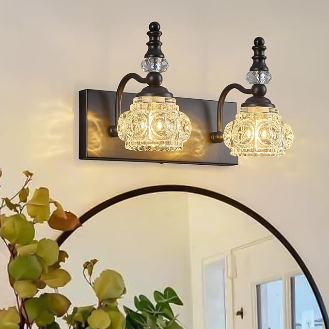 Modern Glass Crystal Bathroom Vanity Light Indoor Wall Lamp Black Vintage Wall Sconces 2-Lights Vanity Lighting Wall Mounted Sconce Wall Lighting