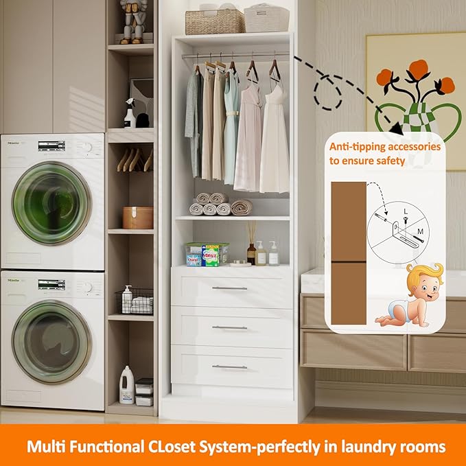 Closet System, Small Modular Closet Organizer System with 3 Drawers and Shelves, Expandable 2 Hanging Rod, Custom Closet Organization System for Walk-in Closet, White (2FT)