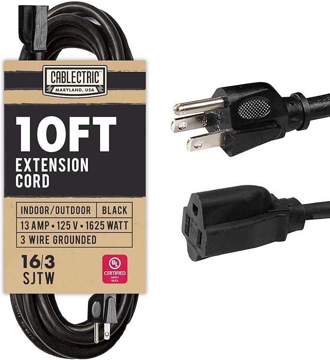 Weatherproof Black Extension Cord 10 ft, 16/3 SJTW 10 Foot Outdoor Extension Cord 3 Prong, 13 Amp Heavy Duty Exterior Power Cable Great for Outside, Landscaping & Lawn - UL Certified