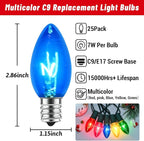 25 Pack C9 Replacement Bulbs Clear Multicolor Christmas Lights, C9 Colorful Light Bulb (Red, Blue, Green, Yellow, Pink) for Hanging Vintage Christmas Lights Outdoor, 7W, 120V