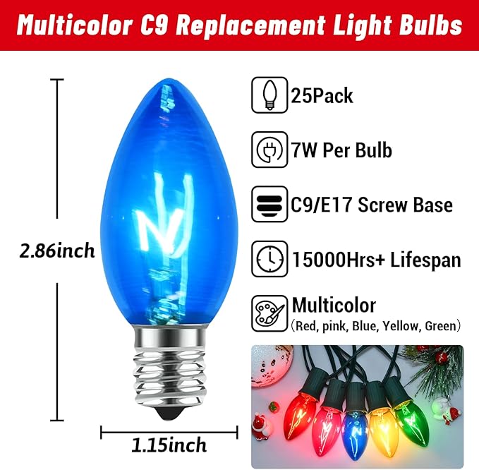 25 Pack C9 Clear Multicolor Replacement Bulbs, 7 Watts Night Light Bulbs, C9 Multicolored Ceramic Incandescent Bulb for Vintage Christmas Lights Outdoor Indoor Home Party Decor, E17 Candelabra Base