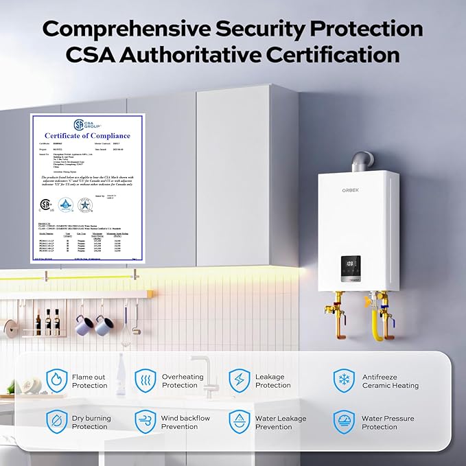ORBEK Propane Gas Tankless Water Heater - 100,000 BTU Up to 4.3 GPM Indoor Installation - CSA Certified On-Demand Instant Hot Water Heater 3/4" NPT Connector Size