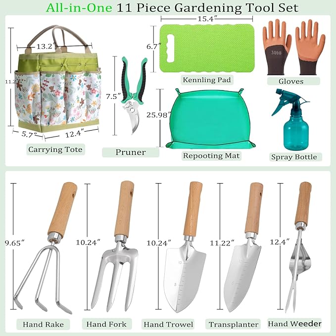 Garden Tool Set 11-Piece Heavy Duty Gardening Hand Tools - Rust-Resistant Stainless Steel with Durable Stylish Garden Tools Organizer Tote Bag | Ideal Gardening Gift for Women & Garden Enthusiasts
