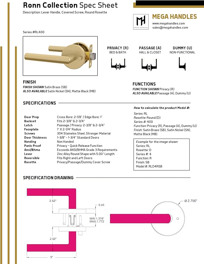 Mega Handles Ronn Passage Lever Door Handle Set for Hallway, Closet and Bathroom, Heavy Duty Door Levers, Fits All Standard Door Sizes, Screws Included - Satin Nickel (1 Pack)