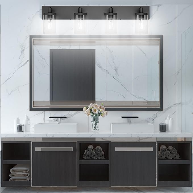 Aipsun Bathroom Vanity Light Farmhouse 4 Light Matte Black Vanity Lighting Fixtures with Clear Glass Shade(Exclude Bulb)