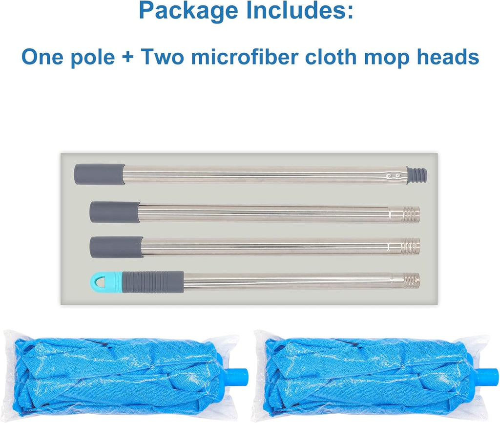 Screw On Microfiber String Mop, One Stainless Steel Pole + Two Blue Microfiber Cloth Mop Heads