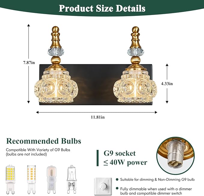 Modern Glass Crystal Vanity Light - Vintage Bathroom Lighting Fixtures Over Mirror, 2 Light Vanity Lights G9 Bulb (11.81 Inch, Black Gold)