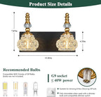 Modern Glass Crystal Vanity Light - Vintage Bathroom Lighting Fixtures Over Mirror, 2 Light Vanity Lights G9 Bulb (11.81 Inch, Black Gold)
