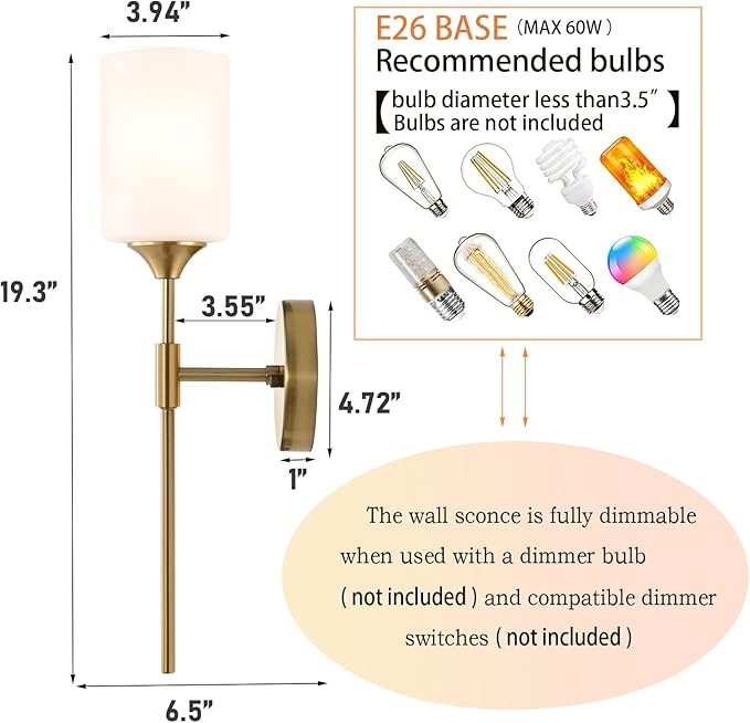 Gold Wall Sconce Set of 2 with White Cylinder Glass Shades Modern Mid Century Bathroom Vanity Wall Light Fixtures Industrial Brushed Brass Wall Lamp for Bedroom Mirror Living Room Restaurant