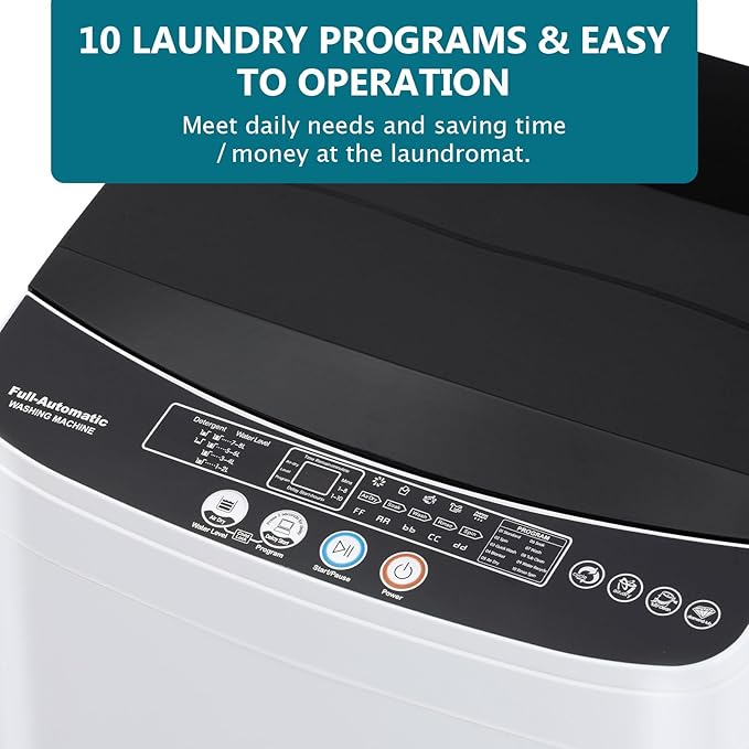 1.9 Cu.Ft Portable Washing Machine, Full-Automatic Electric Laundry Machine with 10 Programs, Compact Clothes Wash and Spin Combo with Stainless Steel Drum, Drain Hose for Apartment, Dorm,Home