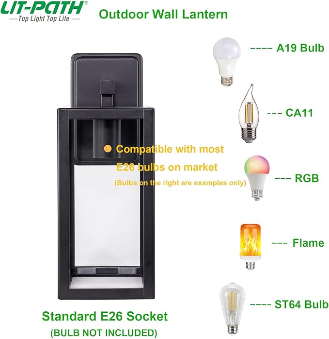 LIT-PaTH Outdoor Wall Lantern, Wall Sconce as Porch Lighting Fixture, E26 Medium Base Max 60W, Anti-Rust Metal with Glass Shade, Black, 1-Pack