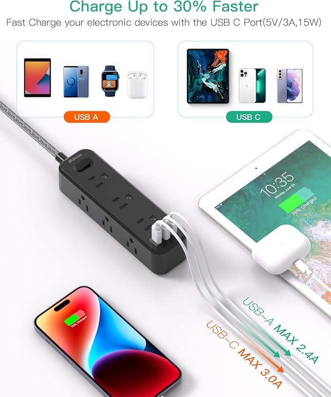 Mifaso Extension Cord, Surge Protector Power Strip, Long Extension Cord with 9 Outlets 3 USB Ports, Extension Cord with Multiple Outlets, USB Power Strip for Dorm Room Essentials, College(5FT,Black)