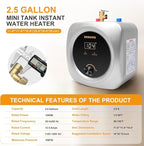 Mini Tank Water Heater Electric 2.5 Gallon Under Sink Instant Hot Water Heater with LED Dsiplay,T&P Valve,3-Way Diverter,110V 120V Point Of Use Water Heaters for Kitchen RV Bathroom Gray