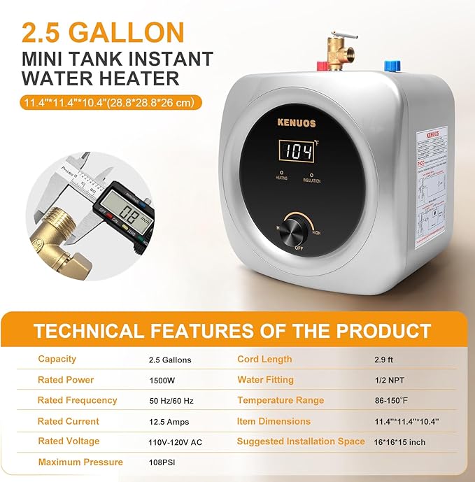 Mini Tank Water Heater Electric 2.5 Gallon Under Sink Instant Hot Water Heater with LED Dsiplay,T&P Valve,3-Way Diverter,110V 120V Point Of Use Water Heaters for Kitchen RV Bathroom Gray