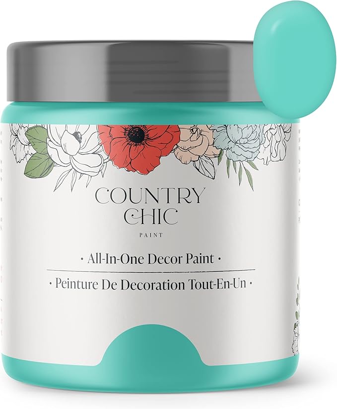 Country Chic All-in-One Chalk Paint for Furniture, Cabinets, Home Decor, Eco-Friendly, Matte Finish, Built-In Primer & Top Coat for Wood, Metal - Tropical Cocktail (Turquoise) - Pint 16 oz (475 ml)