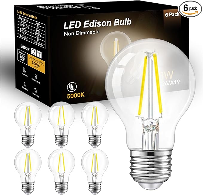 dalattin A19 Vintage LED Edison Bulbs, 60W Equivalent Light Bulbs, 5000K Daylight White, Clear Glass Filament Bulb, Efficient 8W, E26 Base, 800 LM, CRI80+, Non-Dimmable for Home, Farmhouse, 6 Pack