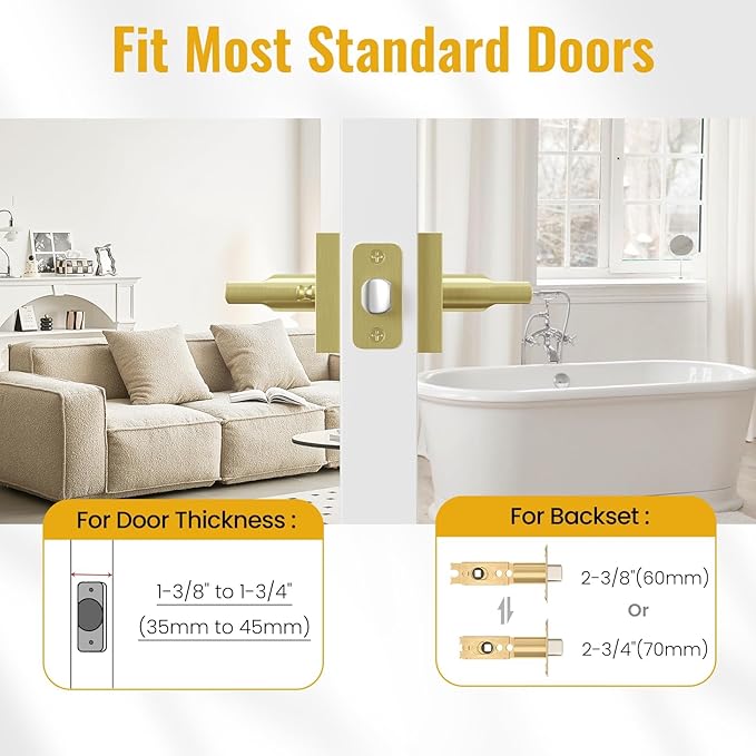 HOSOM Gold Door Knob with Lock Satin Brass Privacy Interior Door Handle Brushed Gold Door Handles for Bedroom Bathroom Keyless Reversible Door Lever Knob for Left & Right Handled Doors, 2 Pack