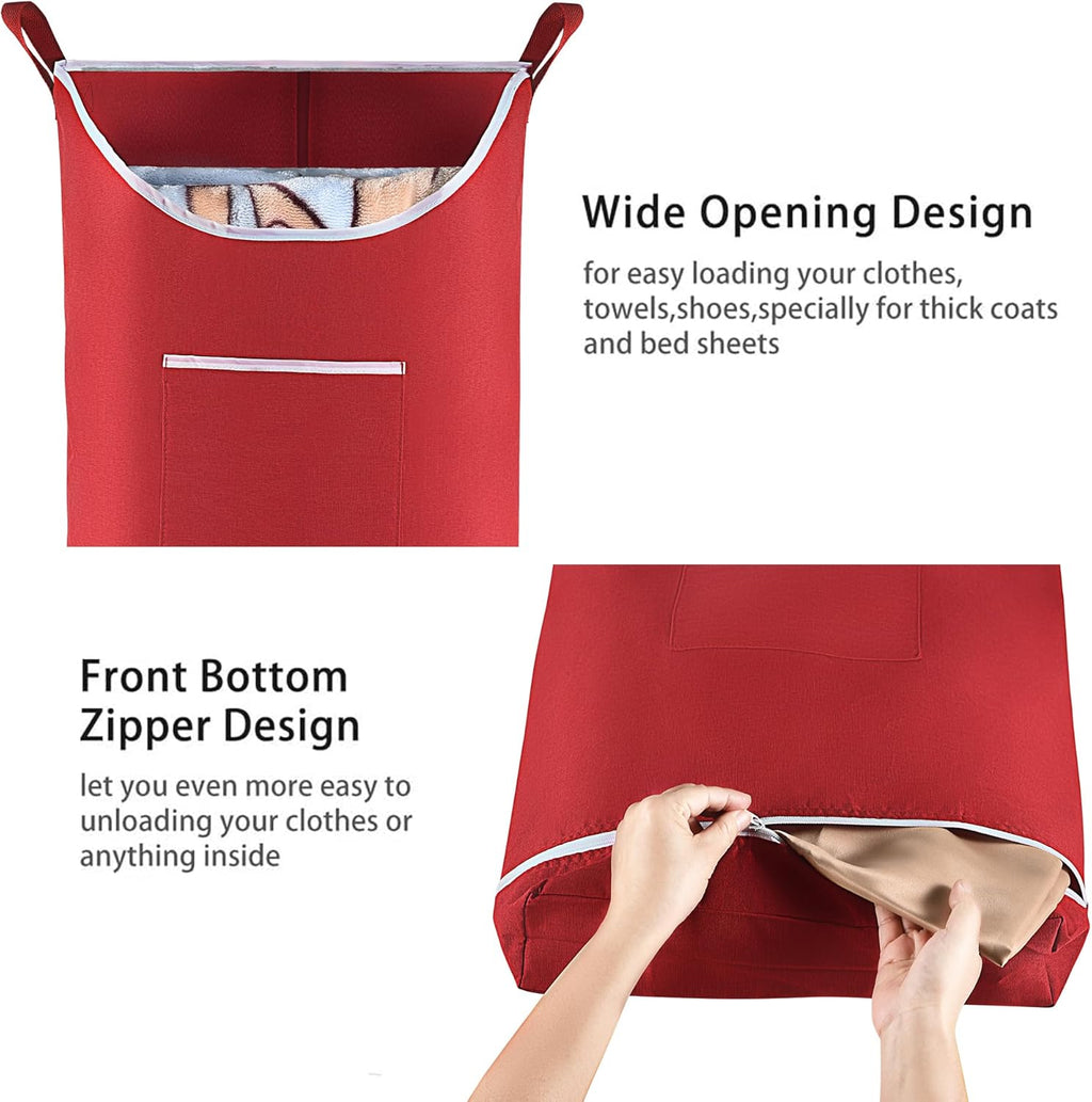 Hanging Laundry Hamper Bag Behind Door Hampers for Laundry Hanging Save Space Zipper Laundry Hamper Door Hanging with 2 PCs Stainless Steel Hooks Suction Hooks for Wall/Bathroom (Red