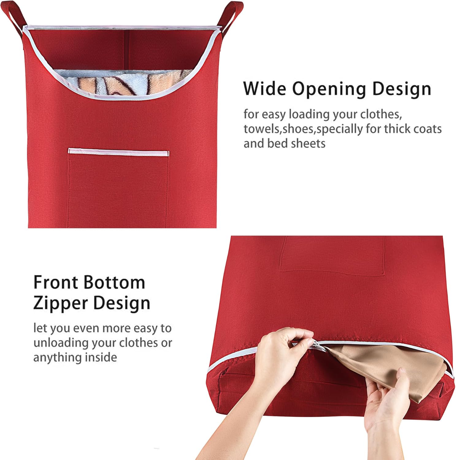 Hanging Laundry Hamper Bag Behind Door Hampers for Laundry Hanging Save Space Zipper Laundry Hamper Door Hanging with 2 PCs Stainless Steel Hooks Suction Hooks for Wall/Bathroom (Red