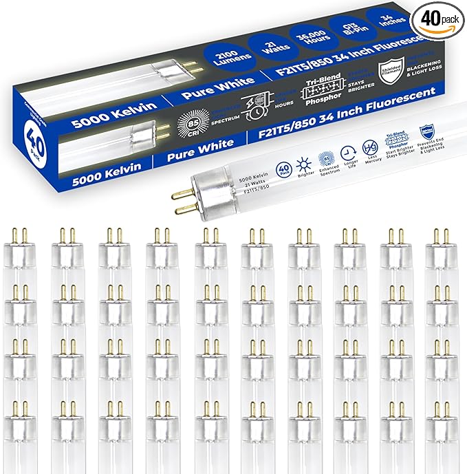 GoodBulb 21-Watt 34 Inch T5 Fluorescent Light Bulb 5000K Daylight White Color Medium Bi-Pin Base 2100 Lumens 85 CRI 36000 Life Hours Instant/Programmed Start Pack of 40 Bulbs