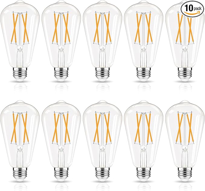 LED Edison Bulbs Dimmable, E26 Bulb 60 watt Equivalent, Soft White 2700K, ST58 Vintage Light Bulbs, 90+ CRI, 6W 600LM, E26 Medium Base, Clear Glass, 10 Pack
