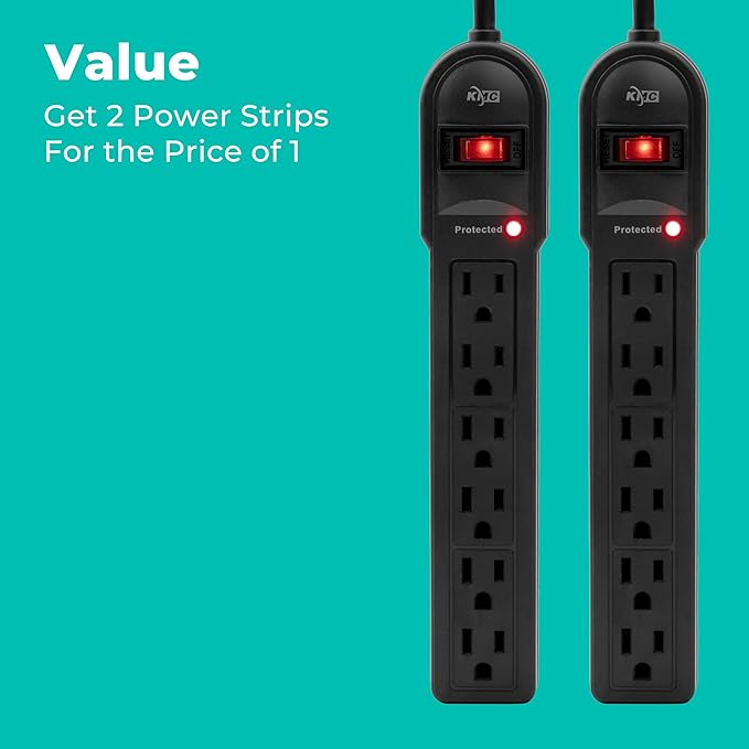 KMC 6-Outlet Surge Protector Power Strip 2-Pack, 900 Joules, 4-Foot Extension Cord, Overload Protection, Black