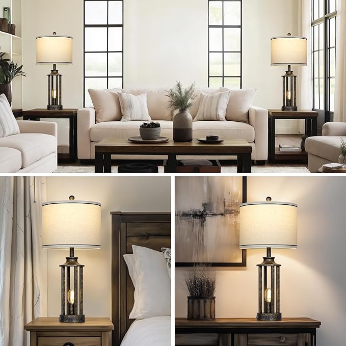 27.5" Bronze Farmhouse Table Lamps for Living Room, Tall Vintage Lamps Set of 2 with USB A+C Charging Port & AC Outlet, Rustic Bedside Lamp with Night Light, Bedroom Lamp for Nightstand Side End Table