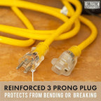 15 Ft Outdoor Extension Cord - 15 Amp 12/3 SJTW Heavy Duty Yellow 12 Gauge Lighted Electrical Cable with 3 Prong Grounded Plug