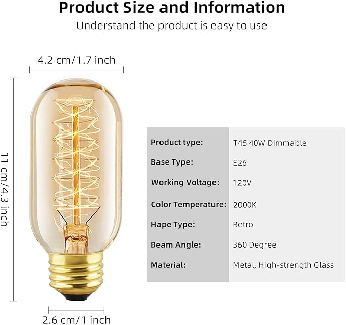 LUXON 6 Pack T45 Edison Bulbs, 40 Watt Antique Vintage E26 Base Dimmable Amber Glass Incandescent Light Bulbs, Warm White 120V Lamp for Home Light Fixtures Decoration, Warll Sconce
