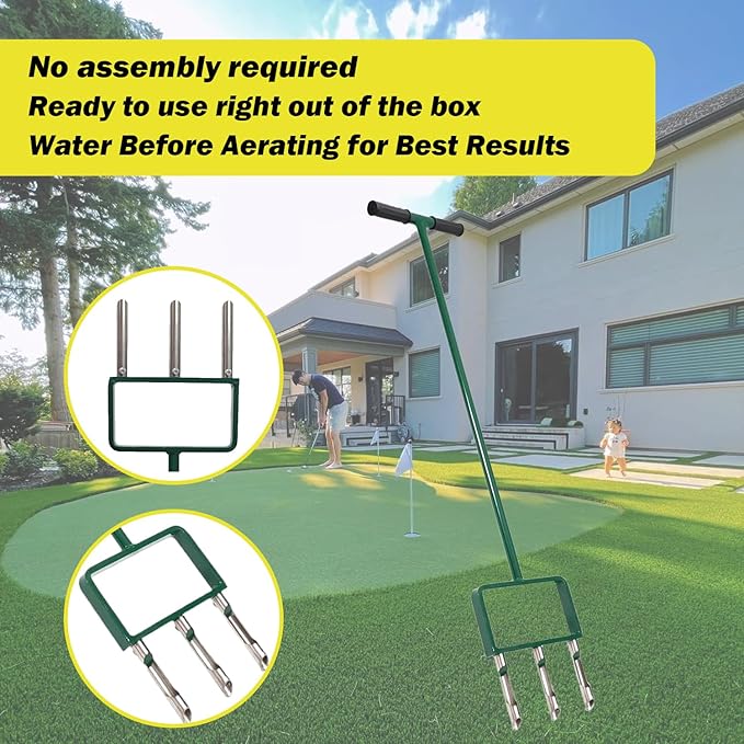 Lawn Aerator, Push Core Aerator Lawn Tool, Stainless Steel 3-Corer Hand Aeration – Manual Yard Plug Aerator for Compacted Garden Soil, Garden Care, Gardening Core Aeration Tool