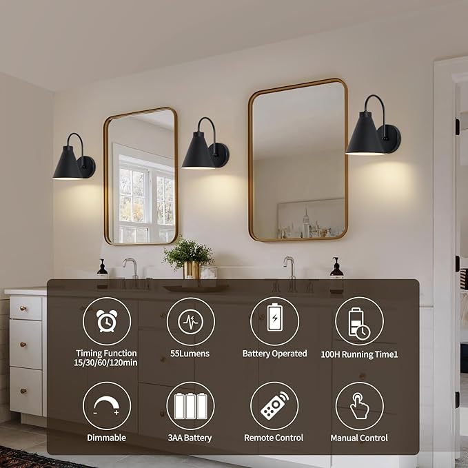 Vintage Cordless Gooseneck Battery Operated Wall Sconces Set of 2, Black Bedside Battery Powered Wall Decor Lamps with Remote Control, Wireless Indoor LED Lights Fixture for Hallway Bedroom