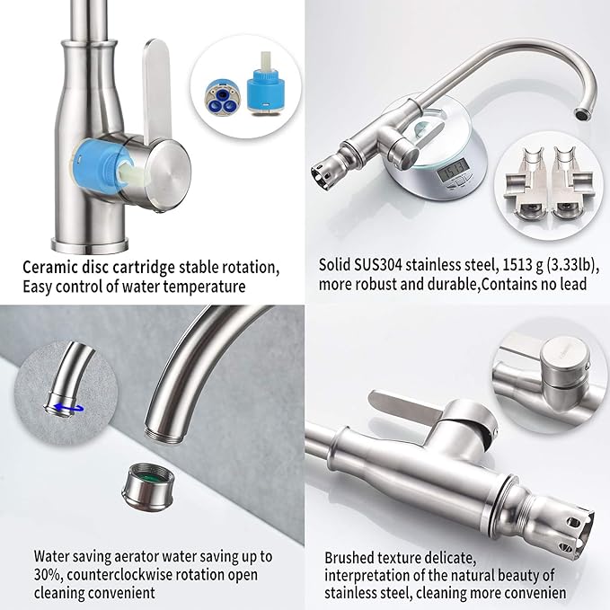 Single Handle Kitchen Faucet Stainless Steel Brushed Nickel，Modern High Arc Kitchen Sink Faucet, Commercial Bar Sink Faucet One Hole with Deck