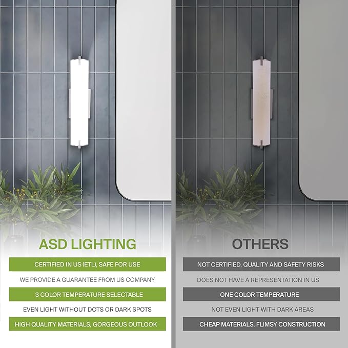 ASD LED 24" Vanity Wall Mount Light Fixture, Linear Bathroom Lighting Bar | 3CCT, Dimmable, Energy Star, ETL Listed | 25W 1950LM 3000-5000K 120V | Long Tube Bath Sconce Over Mirror | Nickel