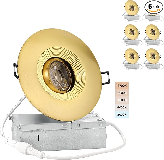 Premium 4-inch LED Recessed Lights - 5 CCT 4 Inch Eyeball Ceilling Gimbal Potlight, Dimmable Recessed Lights Fixture with Junction Box, 8W CCT Adjustable, Shiny Gold, with Baffle, 6P