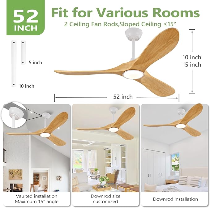 52 inch Natural Wood Ceiling Fan with Light and Remote Control,Ceiling Fans with Lights, 3CCT, Dimmable, Quiet Reversible Motor, Modern Ceiling Fan for Bedroom Indoor/Outdoor Use