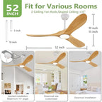 52 inch Natural Wood Ceiling Fan with Light and Remote Control,Ceiling Fans with Lights, 3CCT, Dimmable, Quiet Reversible Motor, Modern Ceiling Fan for Bedroom Indoor/Outdoor Use
