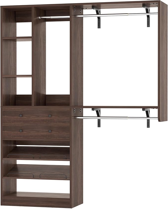 Closet System - 5FT Small Closet System with Drawers, 60" Closet Organizer System with Reversible Hanging Shelving, Closet Systems for Small/Walk-in Closets, Black Walnut