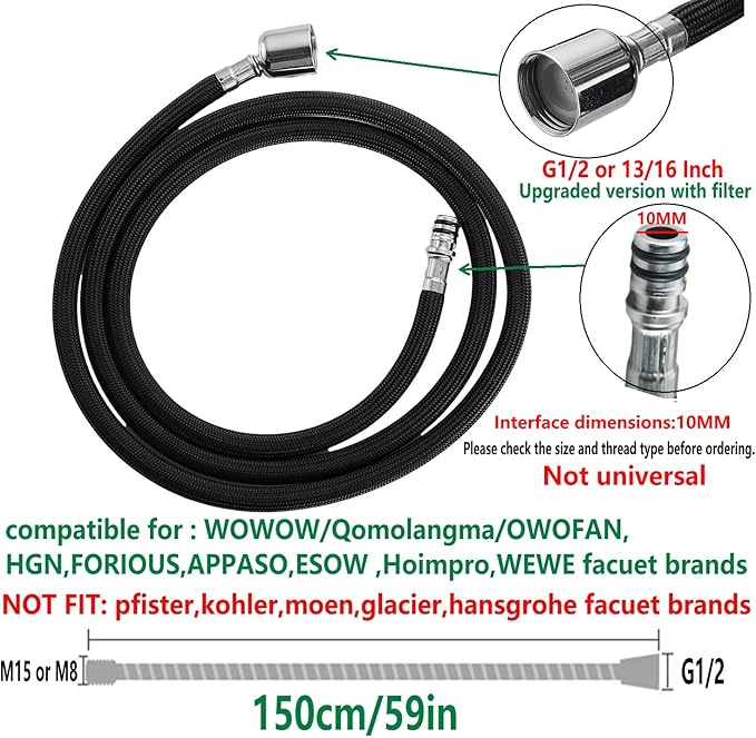 Pull Down Kitchen Faucet Hose Replacement M15*1MM (Upgrade G1/2, 360 Rotatable) With Quick Connect, 59-Inch for Pluggable Nylon Hose,Compatiblity for WOWOW,OWOFAN,FORIOUS,APPASO,WEWE facuet parts